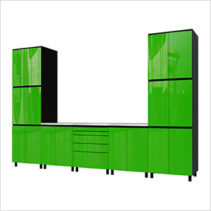 12.5' Premium Lime Green Garage Cabinet System with Stainless Steel Tops