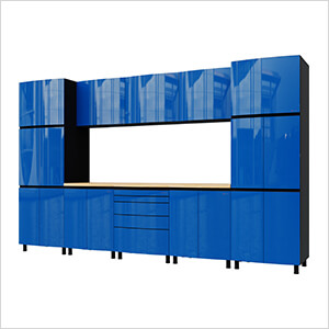 12.5' Premium Santorini Blue Garage Cabinet System with Butcher Block Tops