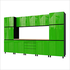 12.5' Premium Lime Green Garage Cabinet System with Butcher Block Tops