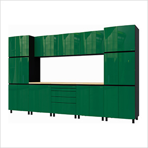 12.5' Premium Racing Green Garage Cabinet System with Butcher Block Tops