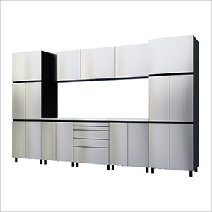 12.5' Premium Stainless Steel Garage Cabinet System with Stainless Steel Tops