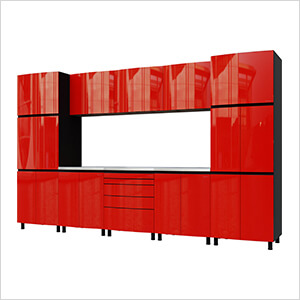 12.5' Premium Cayenne Red Garage Cabinet System with Stainless Steel Tops