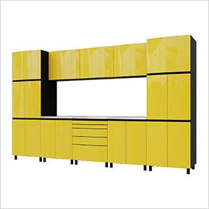 12.5' Premium Vespa Yellow Garage Cabinet System with Stainless Steel Tops