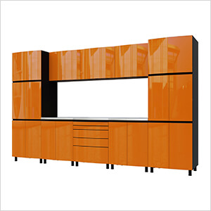 12.5' Premium Traffic Orange Garage Cabinet System with Stainless Steel Tops