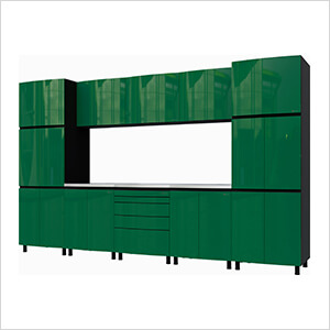 12.5' Premium Racing Green Garage Cabinet System with Stainless Steel Tops