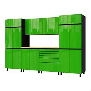 10' Premium Lime Green Garage Cabinet System with Butcher Block Tops