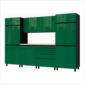 10' Premium Racing Green Garage Cabinet System with Butcher Block Tops
