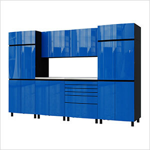 10' Premium Santorini Blue Garage Cabinet System with Stainless Steel Tops