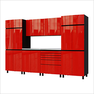 10' Premium Cayenne Red Garage Cabinet System with Stainless Steel Tops