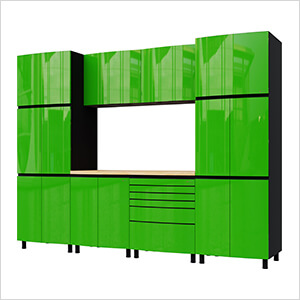 10' Premium Lime Green Garage Cabinet System with Butcher Block Tops