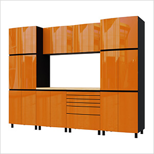 10' Premium Traffic Orange Garage Cabinet System with Butcher Block Tops