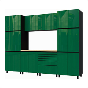 10' Premium Racing Green Garage Cabinet System with Butcher Block Tops