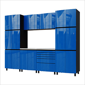 10' Premium Santorini Blue Garage Cabinet System with Stainless Steel Tops