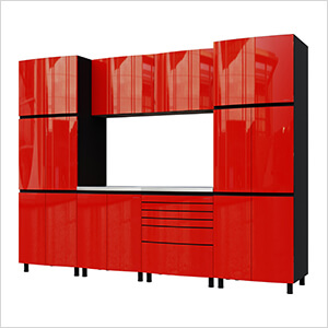 10' Premium Cayenne Red Garage Cabinet System with Stainless Steel Tops