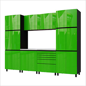 10' Premium Lime Green Garage Cabinet System with Stainless Steel Tops