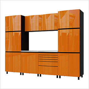 10' Premium Traffic Orange Garage Cabinet System with Stainless Steel Tops