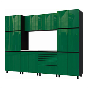 10' Premium Racing Green Garage Cabinet System with Stainless Steel Tops