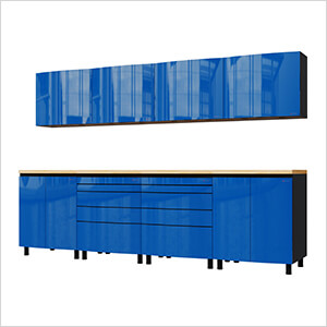 10' Premium Santorini Blue Garage Cabinet System with Butcher Block Tops