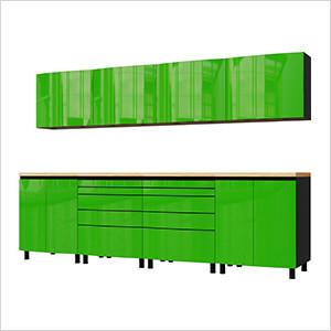 10' Premium Lime Green Garage Cabinet System with Butcher Block Tops