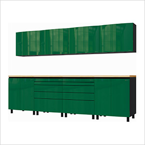 10' Premium Racing Green Garage Cabinet System with Butcher Block Tops