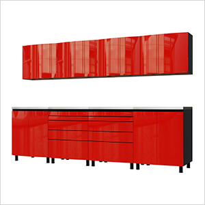 10' Premium Cayenne Red Garage Cabinet System with Stainless Steel Tops