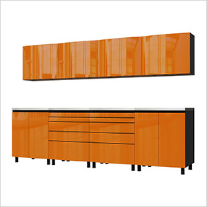 10' Premium Traffic Orange Garage Cabinet System with Stainless Steel Tops
