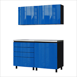 5' Premium Santorini Blue Garage Cabinet System with Stainless Steel Tops