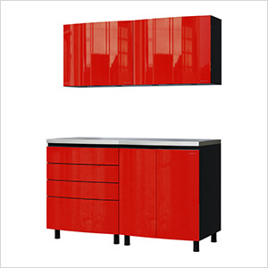 5' Premium Cayenne Red Garage Cabinet System with Stainless Steel Tops