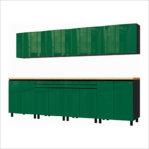 10' Premium Racing Green Garage Cabinet System with Butcher Block Tops