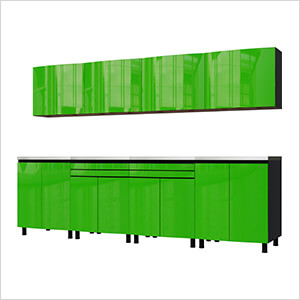 10' Premium Lime Green Garage Cabinet System with Stainless Steel Tops