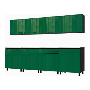 10' Premium Racing Green Garage Cabinet System with Stainless Steel Tops