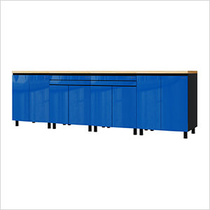 10' Premium Santorini Blue Garage Cabinet System with Butcher Block Tops