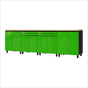 10' Premium Lime Green Garage Cabinet System with Butcher Block Tops