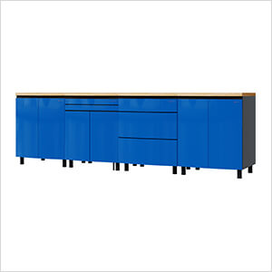 10' Premium Santorini Blue Garage Cabinet System with Butcher Block Tops