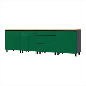 10' Premium Racing Green Garage Cabinet System with Butcher Block Tops