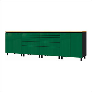 10' Premium Racing Green Garage Cabinet System with Butcher Block Tops