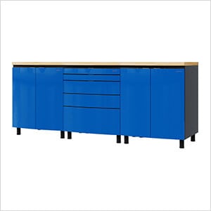 7.5' Premium Santorini Blue Garage Cabinet System with Butcher Block Tops