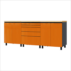 7.5' Premium Traffic Orange Garage Cabinet System with Butcher Block Tops