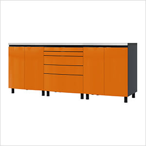 7.5' Premium Traffic Orange Garage Cabinet System with Stainless Steel Tops