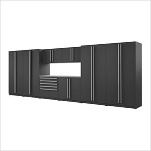 9-Piece Mat Black Cabinet Set with Silver Handles and Stainless Steel Worktop