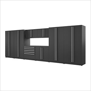 9-Piece Mat Black Cabinet Set with Silver Handles and Powder Coated Worktop