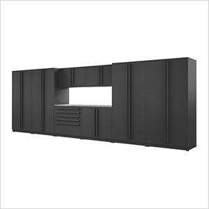 9-Piece Mat Black Cabinet Set with Black Handles and Stainless Steel Worktop