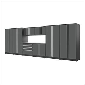 9-Piece Glossy Grey Cabinet Set with Silver Handles and Stainless Steel Worktop