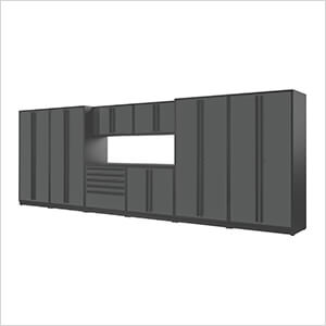 9-Piece Glossy Grey Cabinet Set with Black Handles and Powder Coated Worktop