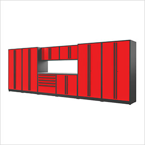 9-Piece Glossy Red Cabinet Set with Black Handles and Stainless Steel Worktop