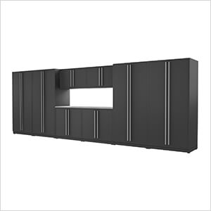 9-Piece Mat Black Cabinet Set with Silver Handles and Stainless Steel Worktop