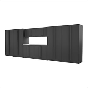 9-Piece Mat Black Cabinet Set with Black Handles and Stainless Steel Worktop