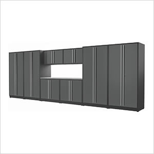 9-Piece Glossy Grey Cabinet Set with Silver Handles and Stainless Steel Worktop