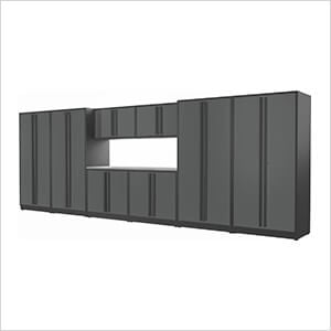 9-Piece Glossy Grey Cabinet Set with Black Handles and Stainless Steel Worktop