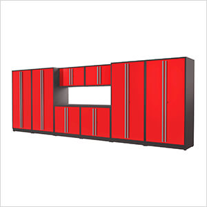 9-Piece Glossy Red Cabinet Set with Silver Handles and Powder Coated Worktop